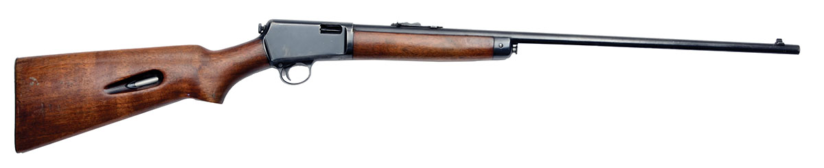 This small rifle is a Winchester Model 63 chambered for 22 Long Rifle. It is based on the Winchester Model 1903, which fired a special cartridge named “22 Winchester Automatic.”